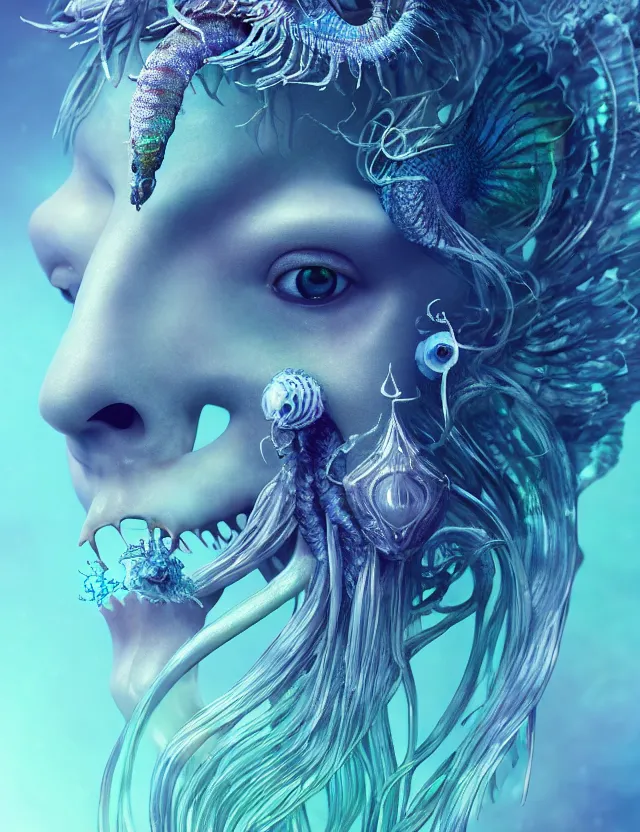 Image similar to goddess macro close - up portrait wigh crown made of ram skull. betta fish, jellyfish phoenix, bioluminiscent, plasma, ice, water, wind, creature, super intricate ornaments artwork by tooth wu and wlop and beeple and greg rutkowski