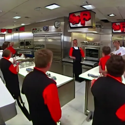 Image similar to gordon ramsay yelling at burger king employees in the burger king kitchen on kitchen nightmares. the employees are lined up and in their burger king uniforms. 4 k broadcast