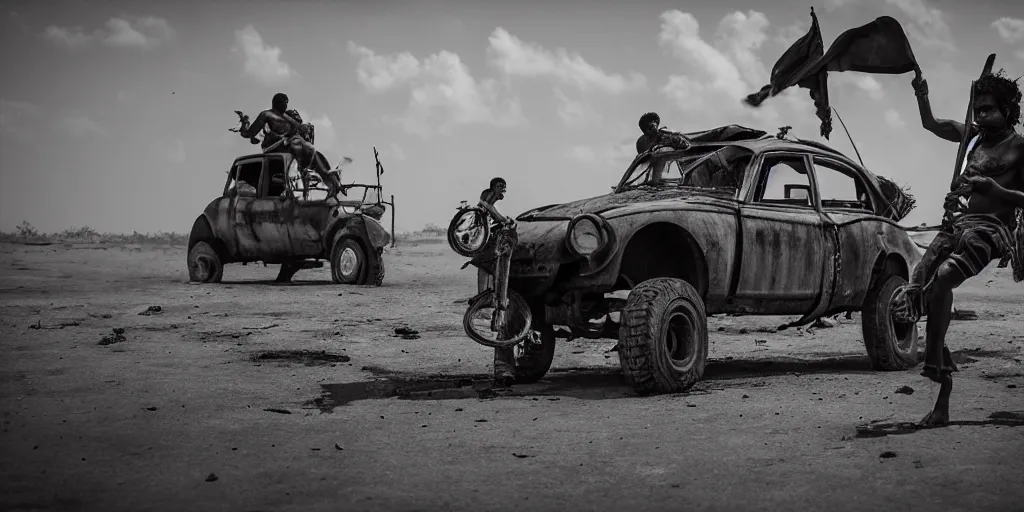 Image similar to sri lankan mad max style, bongo, film still, epic shot cinematography, rule of thirds