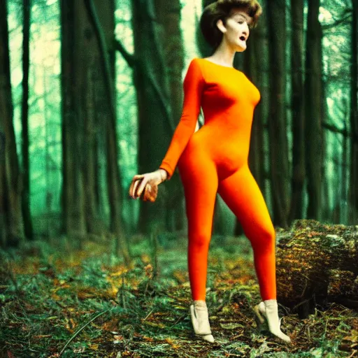 Prompt: analog medium format film blair witch, in a dark forest, an attractive an voluptuous julie newmar, wearing an orange and greeen bodysuit lycra, 1 9 6 0 s hasselblad film street photography, featured on unsplash, vintage expired colour film photograph