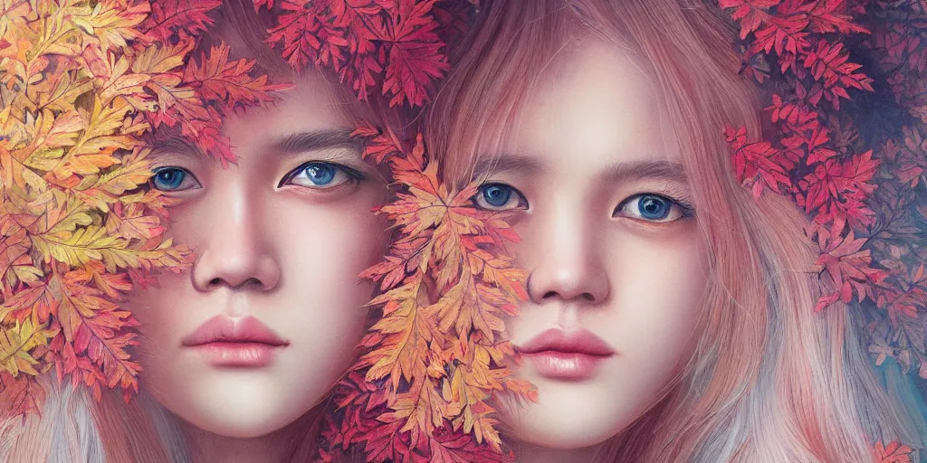 Prompt: breathtaking detailed concept art painting pattern pastel colors of blonde hair faces blend with autumn leaves, by hsiao - ron cheng, bizarre compositions, exquisite detail, 8 k