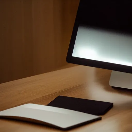 Prompt: an iMac computer sitting on a wood conference table, closeup shot, advertising lighting