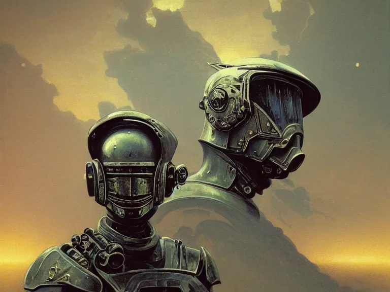 Prompt: a detailed profile painting of a bounty hunter in armour and visor, cinematic sci-fi poster. Cloth and metal. Welding, fire, flames, samurai Flight suit, accurate anatomy portrait symmetrical and science fiction theme with lightning, aurora lighting clouds and stars. Clean and minimal design by beksinski carl spitzweg giger and tuomas korpi. baroque elements. baroque element. intricate artwork by caravaggio. Oil painting. Trending on artstation. 8k