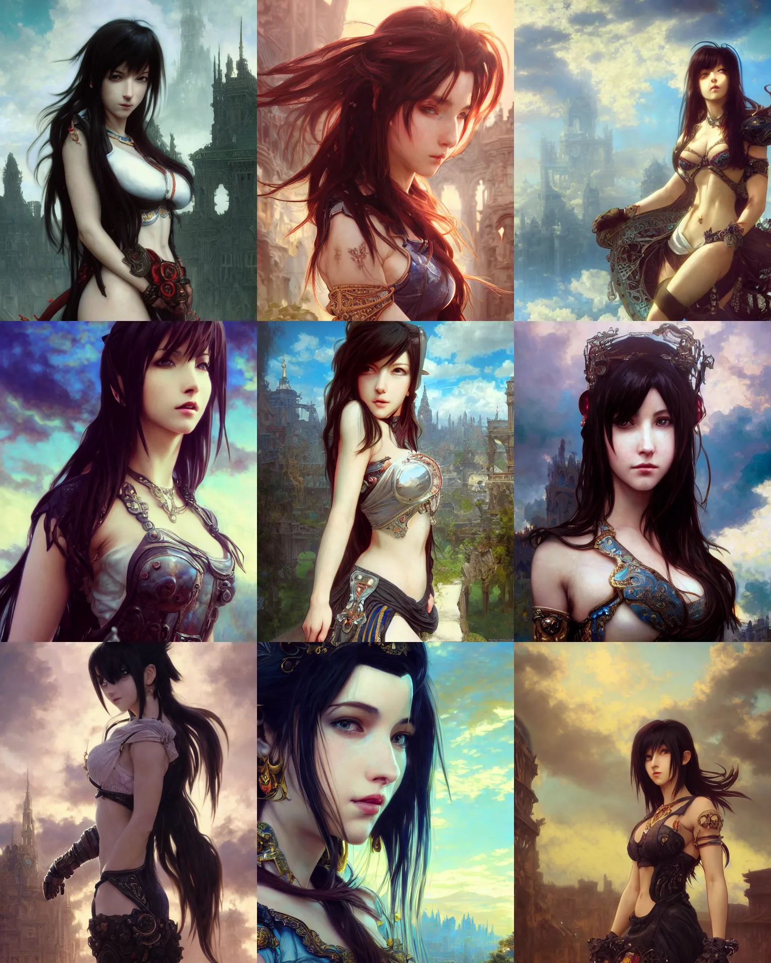 Prompt: a stunning intricate exquisite imaginative exciting close up portrait of tifa lockhart, ornate magical intricate and soft by ruan jia, tom bagshaw, alphonse mucha, krenz cushart, beautiful palace ruins in the background, epic sky, vray render, artstation, deviantart, pinterest, 5 0 0 px models