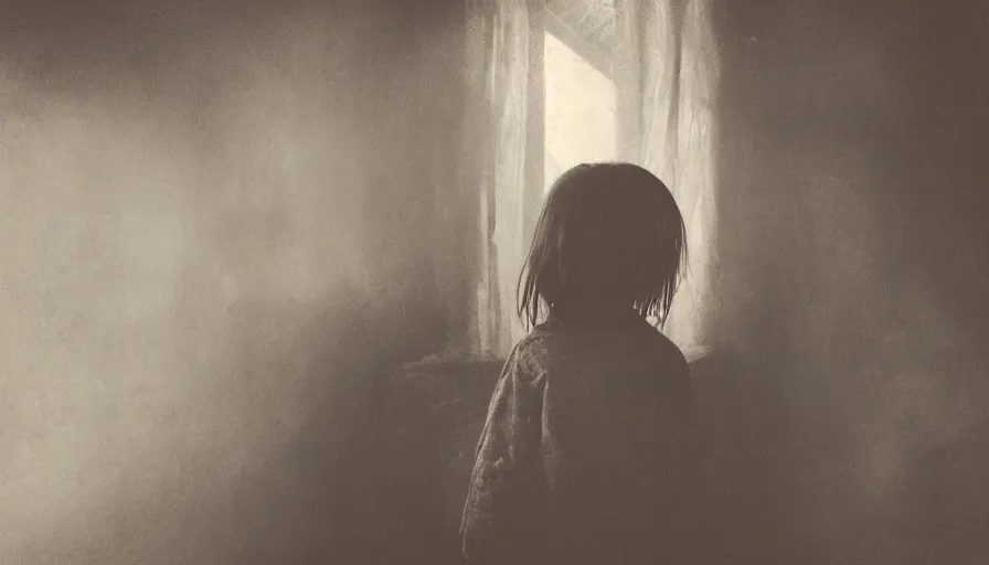 Image similar to a alone child, alone in the darkside, cold place, mother of witchers, spirits in the dark, real atmosphere, old home decor, crossbreeding, lightness, sad atmosphere, the loner, witcher, a jean