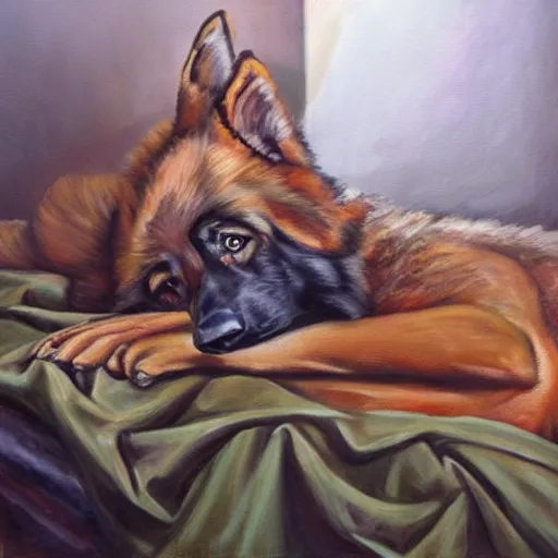 Prompt: a oil painting of a humanoid german shepherd beast - man, wearing military outfit, lying on a humble unmade bed wrinkled bed sheets