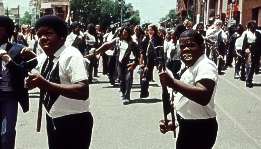 Prompt: 7 0 s film still from a horror movie of gary coleman twirling a baton while marchin in a blm parade, kodachrome, cinecolor, cinestill, film grain, film texture, retro, cinematic, high resolution, photorealism,