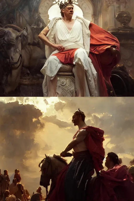 Image similar to beautiful expressive oil painting portrait of ancient roman god emperor steve buscemi ascending wearing the civic crown, art by anders zorn, wonderful masterpiece by greg rutkowski, beautiful cinematic light, american romanticism by greg manchess, jessica rossier