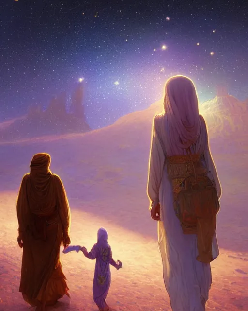 Image similar to bedouin man and woman and child in galaxy walking towards mosque surrounded by nebula, highly detailed, gold filigree, romantic storybook fantasy, soft cinematic lighting, award, disney concept art watercolor illustration by mandy jurgens and alphonse mucha and alena aenami, pastel color palette, featured on artstation