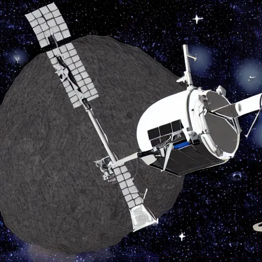 Image similar to space probe near asteroid, cartoon style, highly detailed