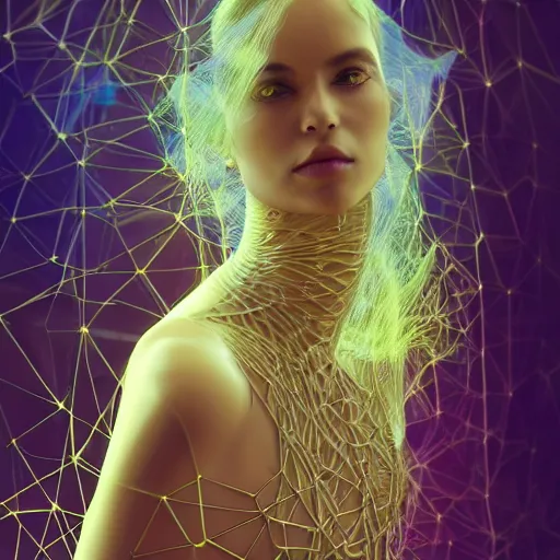 Prompt: a highly detailed digital image of an elegantly posed futuristic woman beautifully intertwined in chromatic liquid like leaves, full body shot, imprisoned in a four-dimensional glass cube by Andrew Chiampo, artstation, and Frederik Heyman, extremely detailed woman, stunning volumetric lighting, hyper realism, fantasy 4k