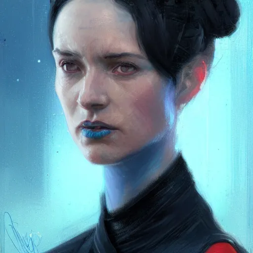 Prompt: portrait of a woman by Greg Rutkowski, blue skin, red eyes, black hair with two strand around her face, authority figure, secretary general of the galactic alliance, wearing black uniform, Star Wars Expanded Universe, highly detailed portrait, digital painting, artstation, concept art, smooth, sharp foccus ilustration, Artstation HQ