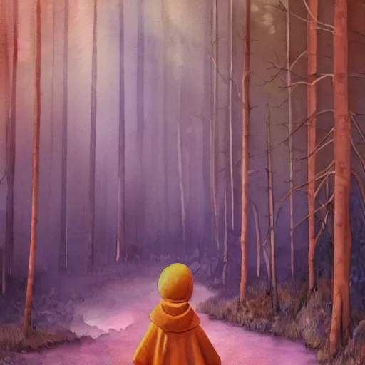 Prompt: Little Orange Riding Hood wear a dress in the valley, dark ambient beautiful. neoplasticism, 8k resolution. road into the forest with a lake, watercolor, detailed painting, trending on Artstation