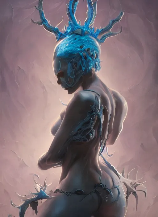 Image similar to a detailed full body portrait of a toned blue haired girl, the queen of blades, diablo 4 queen, a beautiful face, by dorian cleavenger, greg rutkowski, wlop, astri lohne, zdzisław beksinski trending on artstation