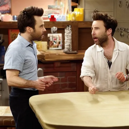 Prompt: Charlie Day and Rob McElhenney using invisible shake weights, norman Rockwell