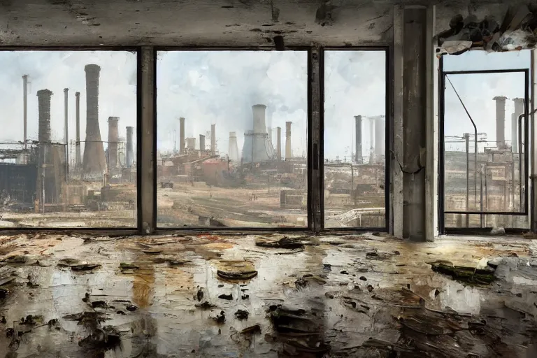 Prompt: palette knife oil pairing of an open - plan loft apartment with a panoramic view of a grim industrial landscape of cooling towers and rusted silos. inside, the apartment is fancy but filled with mess. extreme detail, artstation trending, artgerm, deviant art, octane, substance, art history 8 k