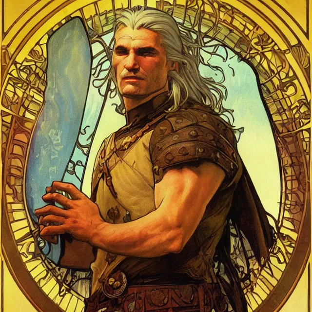 Image similar to an aesthetic! a detailed portrait of geralt of rivia, holding a lantern by frank frazetta and alphonse mucha, oil on canvas, art nouveau dungeons and dragons fantasy art, hd, god rays, ray tracing, crisp contour lines, huhd