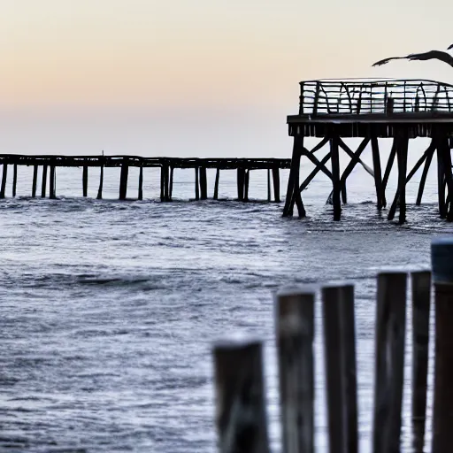 Prompt: a photo still of steven seagull at the pier next to the ocean