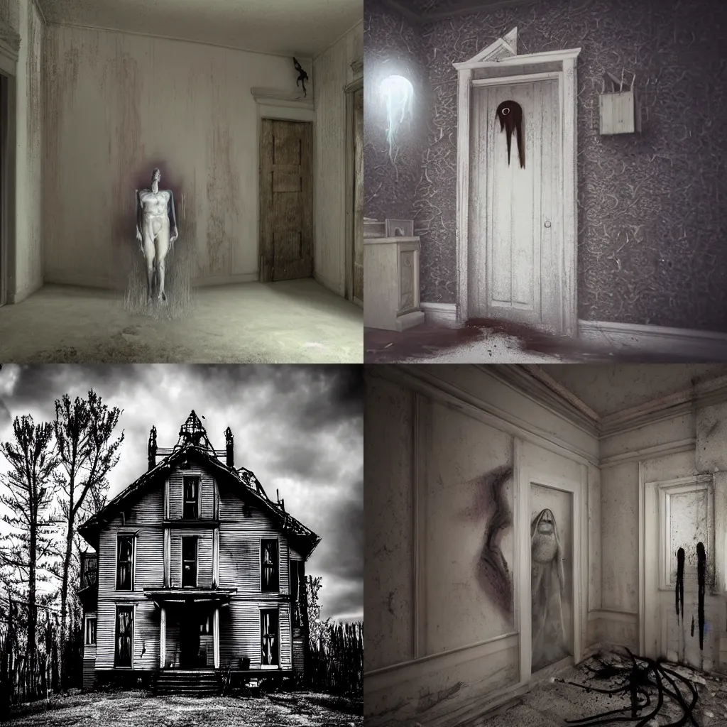 Prompt: a hyper realistic demoniac spirit in a creepy house