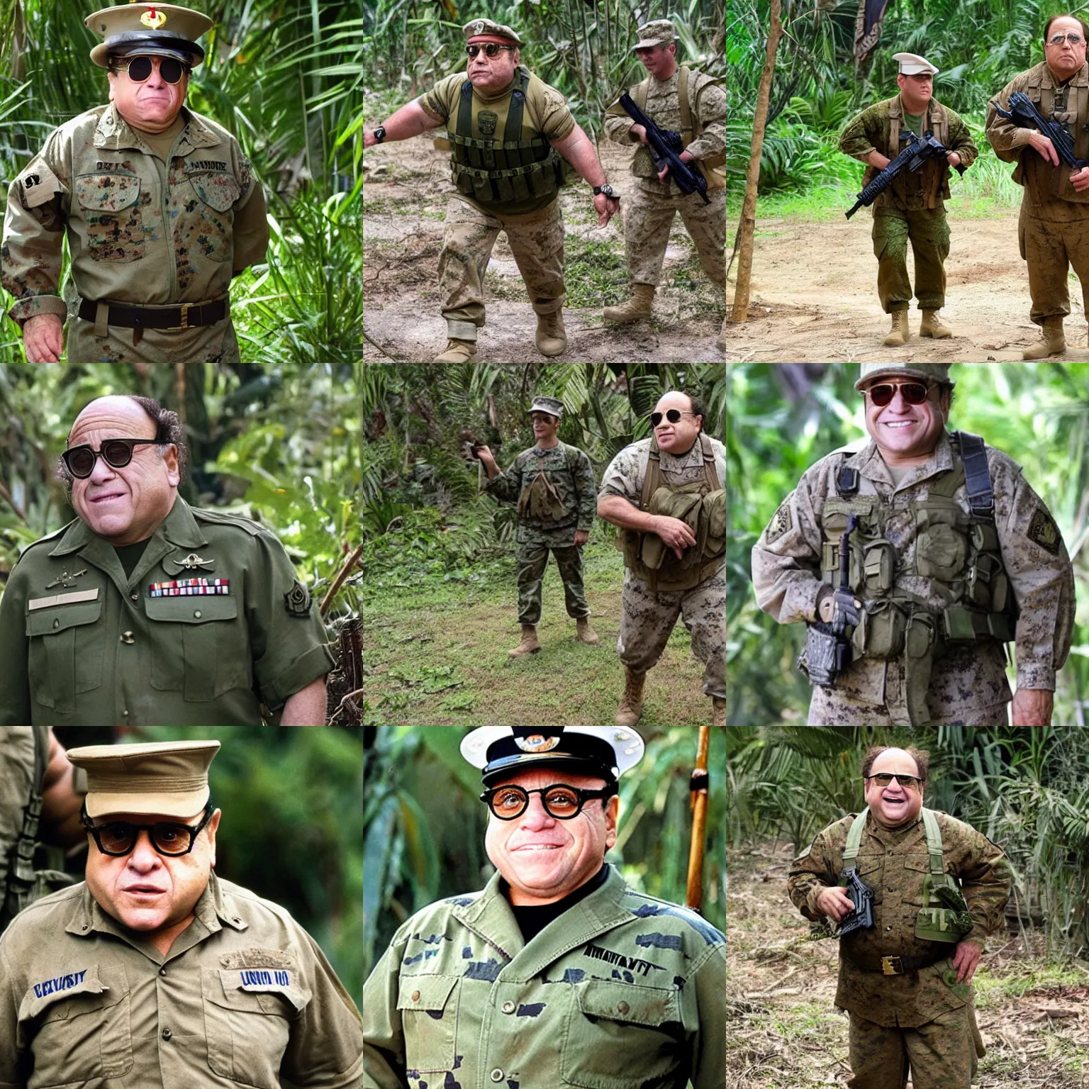 Prompt: danny devito as a marine wearing a combat outfit in the jungle