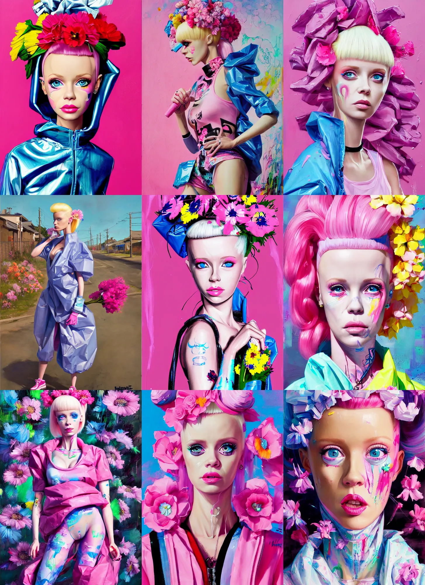 Prompt: still from music video of barbie from die antwoord standing in a township street, wearing a trashbag garbage bag and flowers, street fashion, full figure portrait painting by martine johanna, ilya kuvshinov, rossdraws, pastel color palette, detailed impasto brushwork, impressionistic