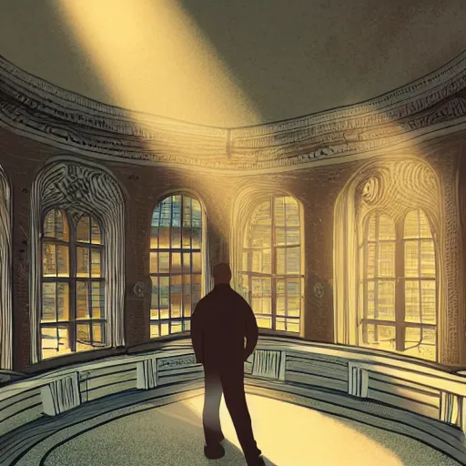 Prompt: illustration of a man in a collosal abandoned library, solitude, rays of light