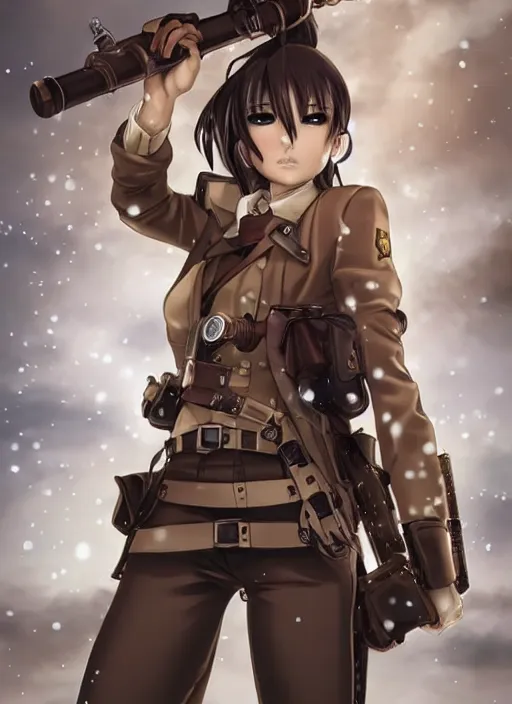 Prompt: girl with steampunk weapons and uniform, serious, intense, finely detailed, made by artgerm, full body portrait, illustration, snow, snowing, cloudy, anime, side view, perfect anime face, realistic face, zoomed out, smooth, brown eyes, high waisted shorts, sharp focus, key visual of attack on titan