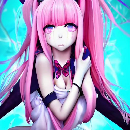 Prompt: unexpectedly overpowered and trapped beneath inescapable and overwhelmingly stunningly absurdly beautiful megalomaniacal omnipotent asi goddess junko enoshima with symmetrical perfect face, porcelain skin, pink twintail hair and cyan eyes, ultra detailed, digital art, unreal engine 5, octane render, 2 d anime, 8 k