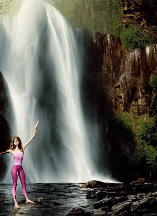 Image similar to portrait photograph of emma watson standing in a yoga pose wearing translucent clothes standing underneath a waterfall, natural light, photoreal, shot by David LaChapelle