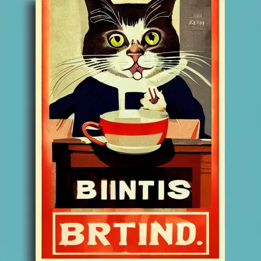 Prompt: british cat sipping on tea, propaganda poster