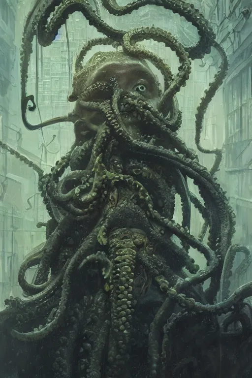 Prompt: , h p lovecraft with octopus tentacles hyperrealistic portrait, bladerunner street, art of elysium by jeremy mann and alphonse mucha and greg rutkowski, fantasy art, photo realistic, dynamic lighting, artstation, poster, volumetric lighting, very detailed face, 4 k, award winning