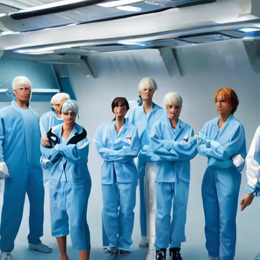 Image similar to group of athletic humans with light blue neoprene suits and white hair standing in tight formation on a conveyor belt, futuristic laboratory, sci - fi, highly detailed, hyperrealistic