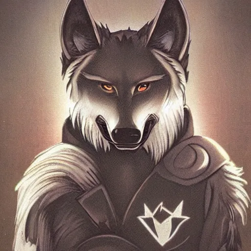 Image similar to 1 9 8 0 s video game art portrait of anthropomorphic wolf o'donnell from starfox fursona furry dark grey wolf in a dark space mercenary uniform, looking heroic, magazine scan, 8 0 s game box art, dark grey wolf o'donnell