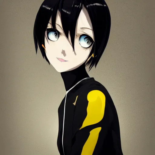Prompt: 1 7 - year - old pale - skinned anime girl with black long bob cut, long bangs, black gothic jacket, black jeans, running through italian town, yellow sunshine, sepia sun, strong lighting, strong shadows, vivid hues, ultra - realistic, sharp details, subsurface scattering, intricate details, hd anime, 2 0 1 9 anime