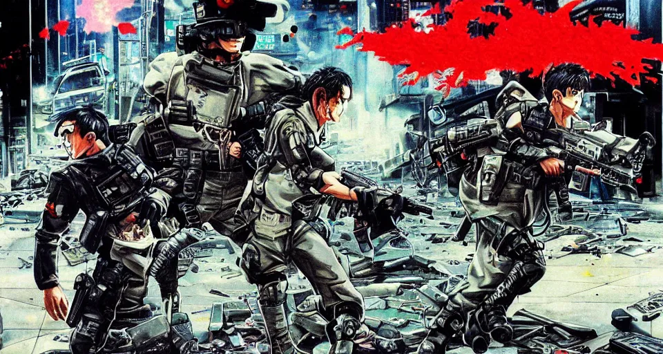 Prompt: 1993 Video Game Concept art for Akira style Anime Neo-tokyo Cyborg bank robbers vs police, Set inside of the Bank, Open Bank Vault, Multiplayer set-piece Ambush, Tactical Squads :10, Police officers under heavy fire, Destructible Enviorments, Gunshots, Bullet Holes and Anime Blood Splatter, :10 Gas Grenades, Riot Shields, MP5, AK45, MP7, P90, Chaos, Anime Machine Gun Fire, Gunplay, Shootout, :14 80s anime style, FLCL + GOLGO 13 :10, Created by Katsuhiro Otomo + Studio Gainax: 20