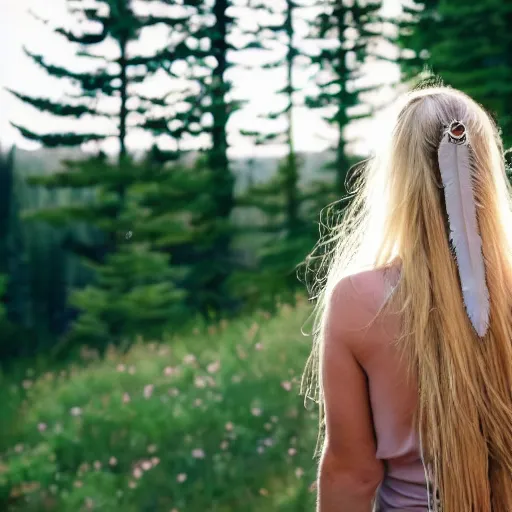 Prompt: of an over the shoulder photograph of a beautiful 4 0 year old blonde woman with long, thick flowing blonde hair, wearing a large eagle feather in her hair, looking at a very small spruce tree, wildflowers in the distance, cinematic, golden hour, backlit, windy, bokeh, tilted angle, iphone 5 photo