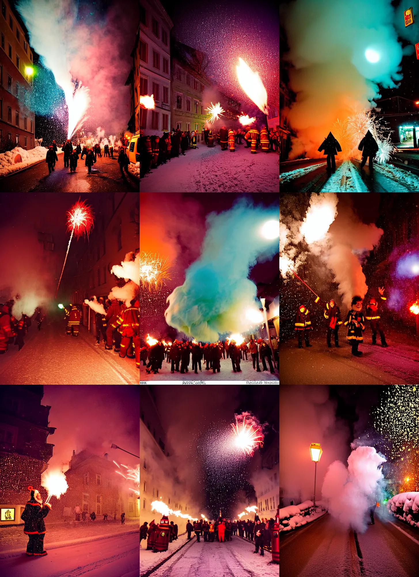 Prompt: kodak portra 4 0 0, winter, snowflakes, rainbow coloured rockets chaos glitter tornados, award winning dynamic photo of a bunch of hazardous krampus between exploding fire barrels by robert capas, motion blur, in a narrow lane in salzburg at night with colourful pyro fireworks and torches, teal lights