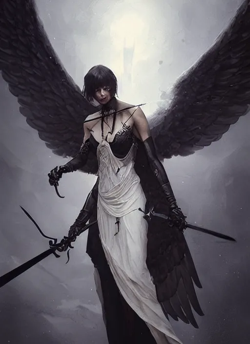 Image similar to a portrait of a beautiful angel of death with black wings holding a large scythe by marco bucci and greg rutkowski, sharp focus, detailed, cinematic, closeup