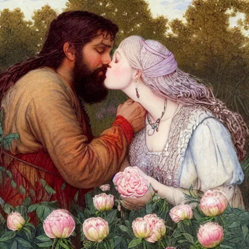 Image similar to a white skinned red bearded viking and a beautiful brown skinned indian princess kiss in a field of peonies, masterpiece, highly detailed, oil on canvas, art by rebecca guay