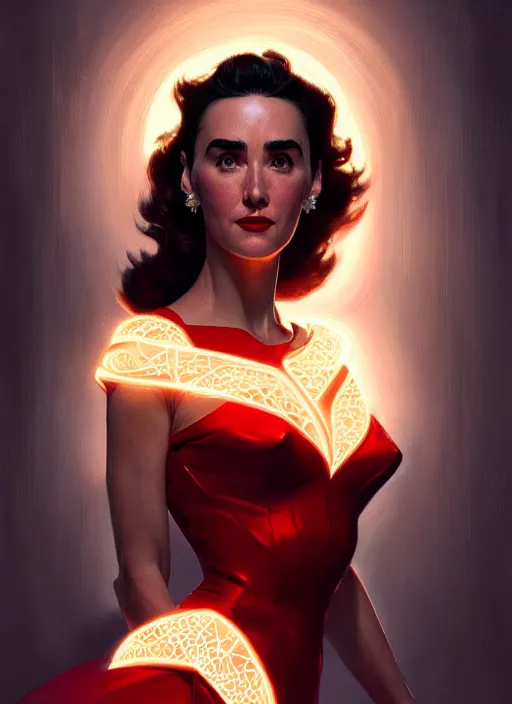 Image similar to portrait of 1 9 5 0 s darna, jennifer connelly, intricate, elegant, glowing lights, highly detailed, digital painting, artstation, glamor pose, concept art, smooth, sharp focus, illustration, art by wlop, mars ravelo and greg rutkowski