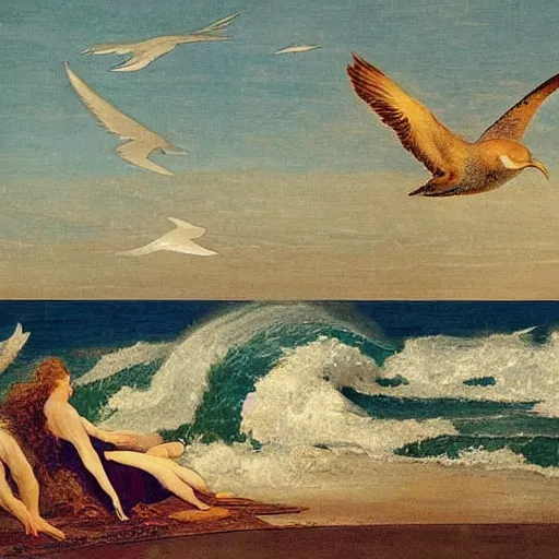 Prompt: A beautiful land art of a blue ocean with waves crashing against the shore. The sun is shining brightly and there are seagulls flying in the sky. golden by Ayami Kojima, by Philippe de Champaigne, by Richard Dadd chaotic