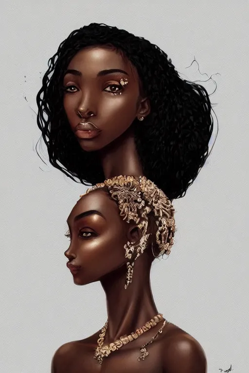 Image similar to A bust of a beautiful black skinned girl with large lips and smooth eyebrows and straight hair, HD, illustration, epic, fantasy, intricate, elegant, amazing detail, digital painting, artstation, concept art, smooth, sharp focus, illustration, art by Turine Tran