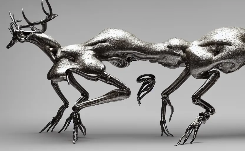 Prompt: stylized shiny polished silver statue full body extra limbs bizarre cosmic horror quadruped animal deer skull four legs made of marble of slug creature tendrils, perfect symmetrical body, perfect symmetrical face, hyper realistic, hyper detailed, by johannen voss, by michelangelo, octane render, blender, 8 k, displayed in pure white studio room