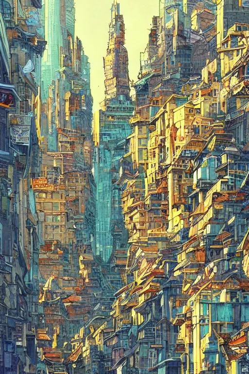 Prompt: a busy city with buildings covered in paint in the style of moebius, james jean, painterly, yoshitaka amano, hiroshi yoshida, loish, painterly, and artgerm, illustration