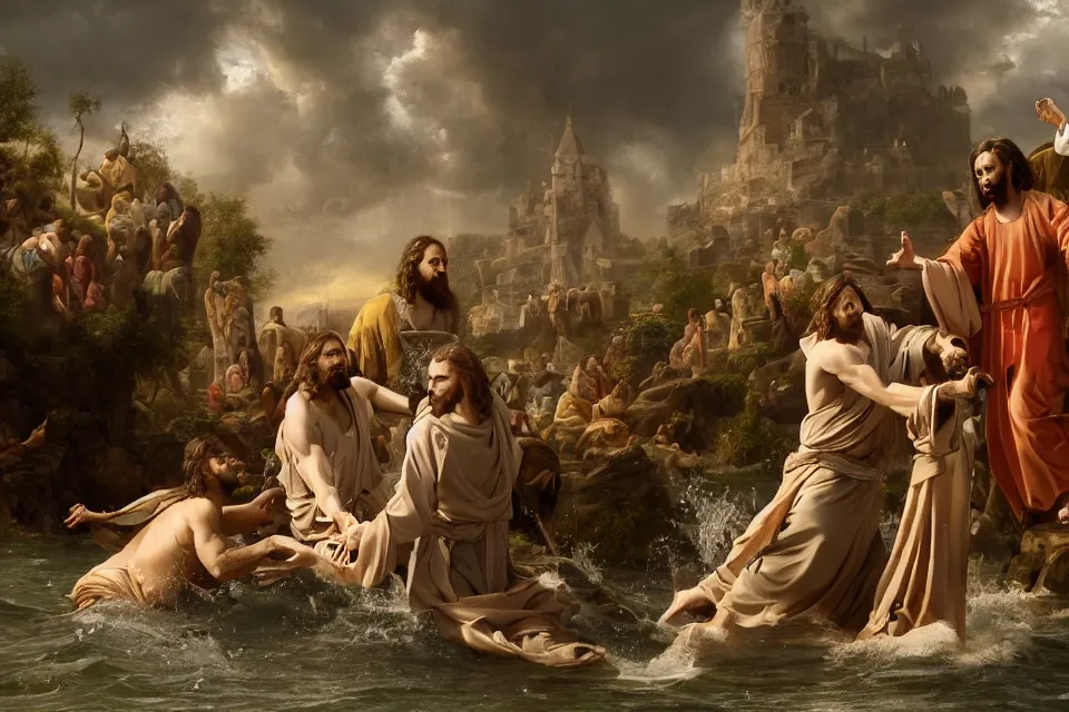 Prompt: An epic matte painting of Jesus saving Petrus in the Water, beautiful, stunning, gorgeous, 4k resolution, professional digital art, f16, intricate