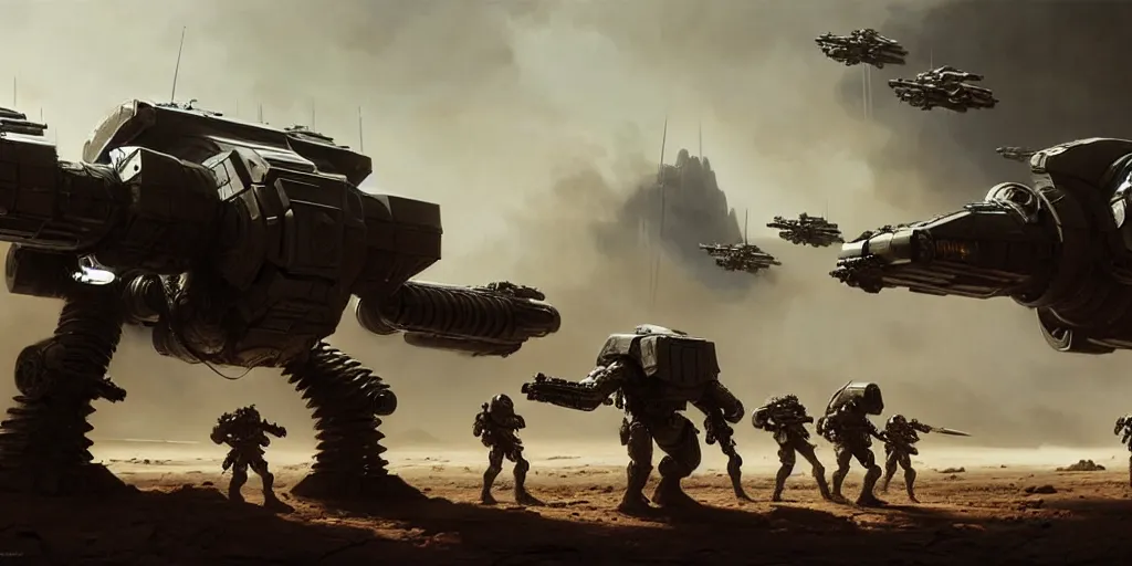 Image similar to hyper realistic sci - fi matte concept art painting of epic cinematic battle between mechwarriors and soldiers fighting on mars, guns, missiles, explosions, beautiful details, strong composition painted by kim jung guweta studio rutkowski, james gurney and greg rutkowski, and lucasfilm, smooth, intricate, detailed, sharp focus, cinematic