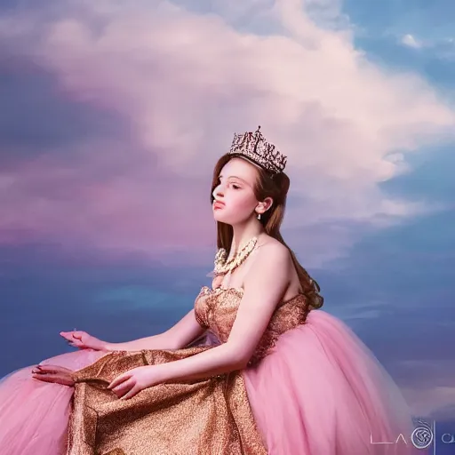 Prompt: portrait photography of american princess of the dawn, beautiful woman, elegant, celebration costume, jewellery, sitting in the throne, highly detailed, hyper realistic, dramatic sky, dawn, pastel, deep gaze, pretty face, glowing, in the style of annie leibovitz