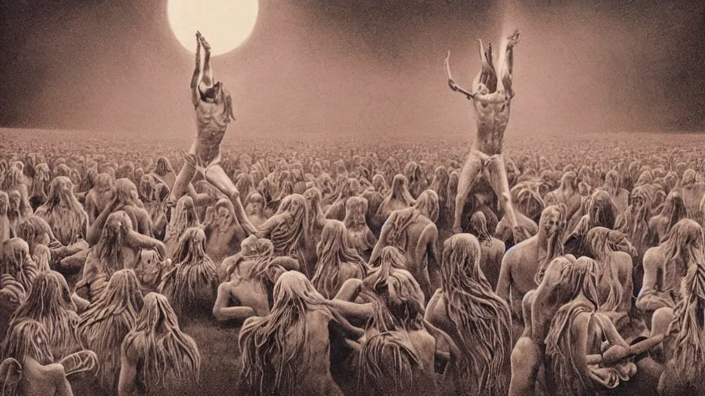 Image similar to A vintage scientific illustration from the 1970s of a Swedish cult performing a human sacrifice to the gods during the midsummer festival in Sweden in the summer on the meadows by Zdzisław Beksiński