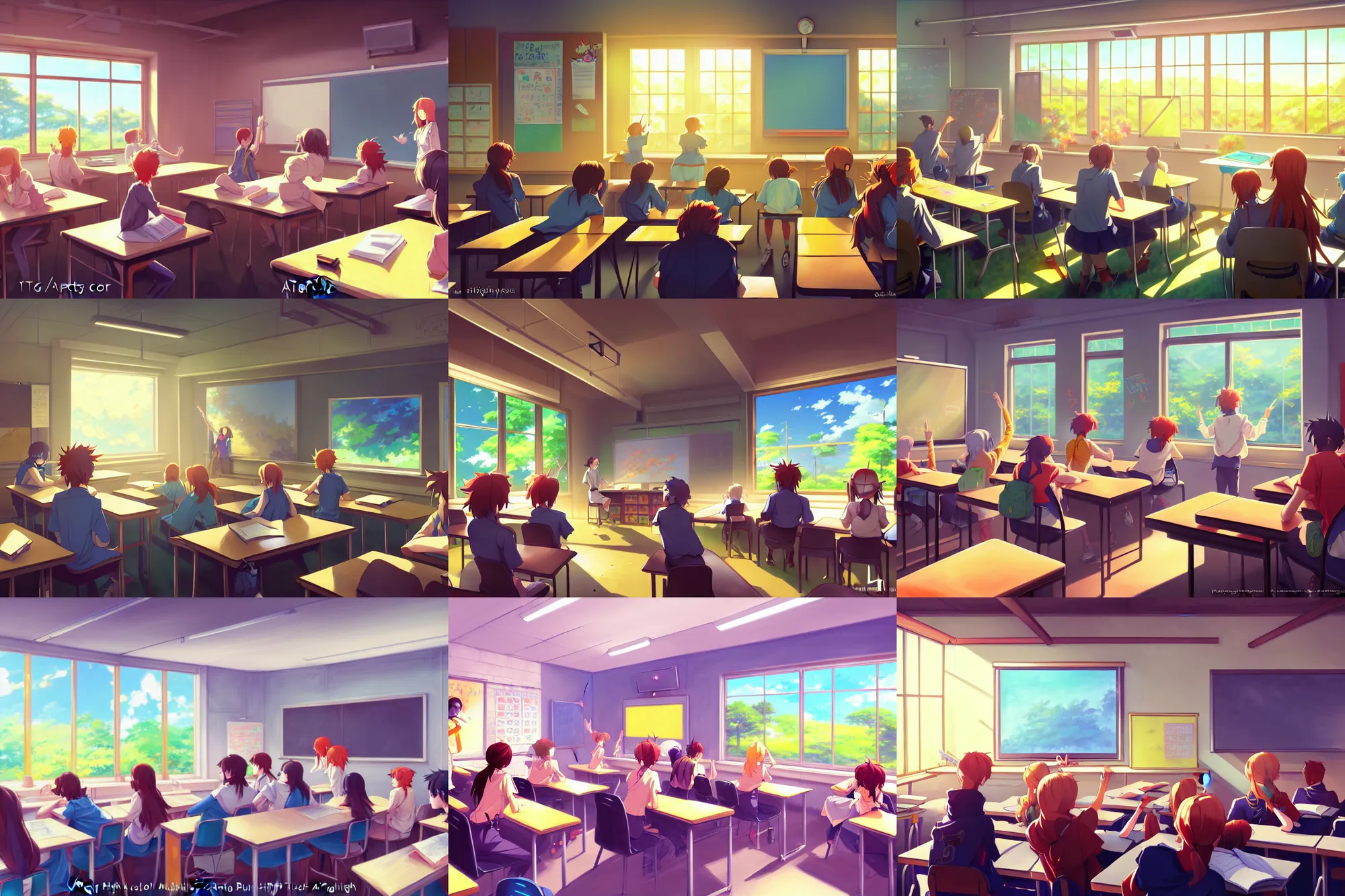 Prompt: high school classroom scene spring setting, expert high detail concept art, vivid colors, sharp focus, realistic shaded lighting poster, high definition, detailed features, makoto shinkai, loish art style, trending on art station, best selling artist