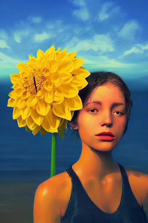 Prompt: closeup girl with huge yellow dahlia flower face, at beach, surreal photography, blue sky, sunrise, dramatic light, impressionist painting, digital painting, artstation, simon stalenhag